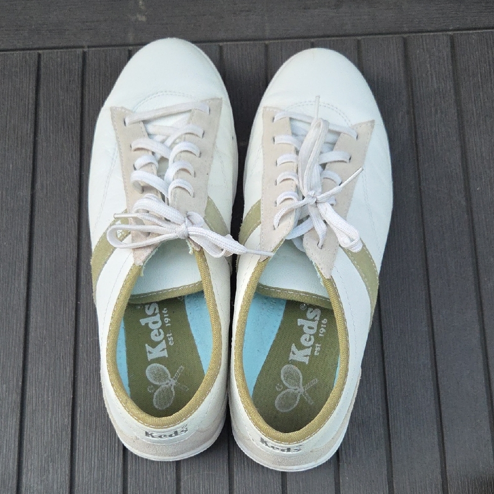 Keds White Sneakers, Olive Detailing Sz10